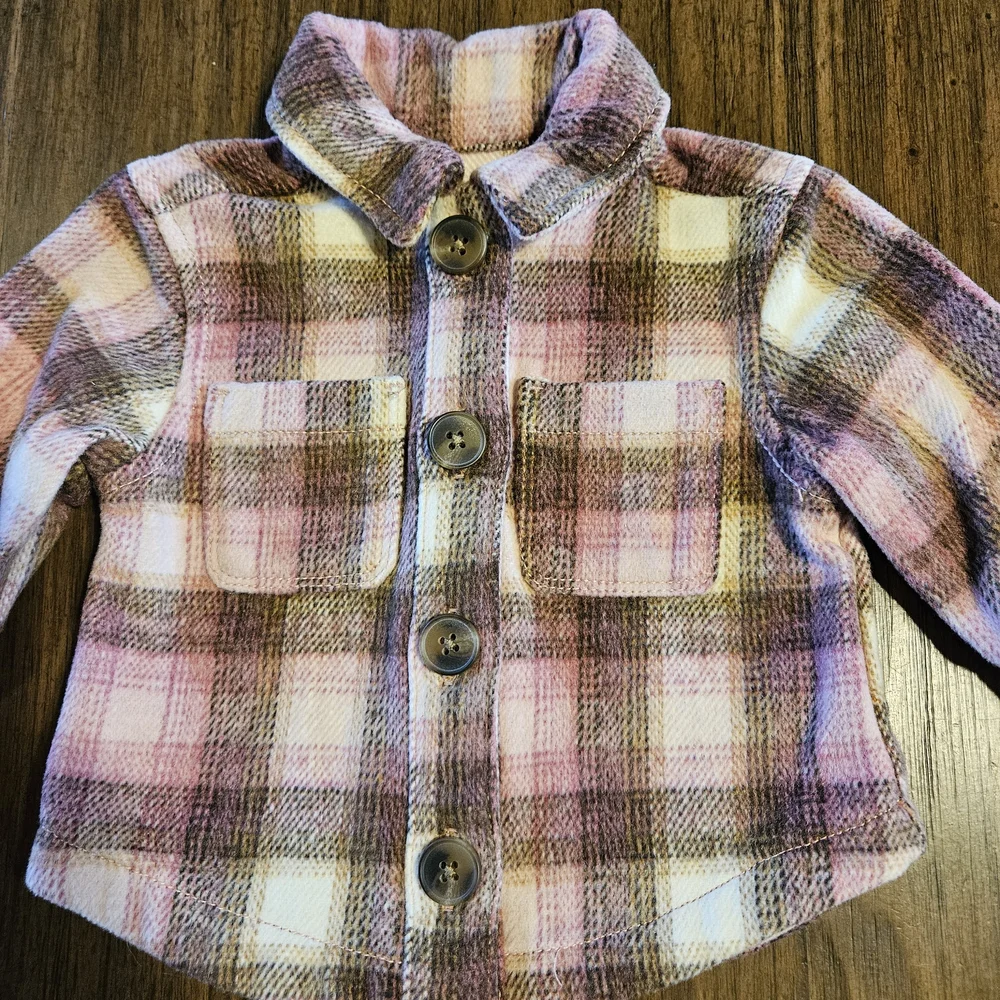 Old Navy Kids Plaid Flannel Shirt Jacket - Pink, Brown, Cream Infant 3-6 Months